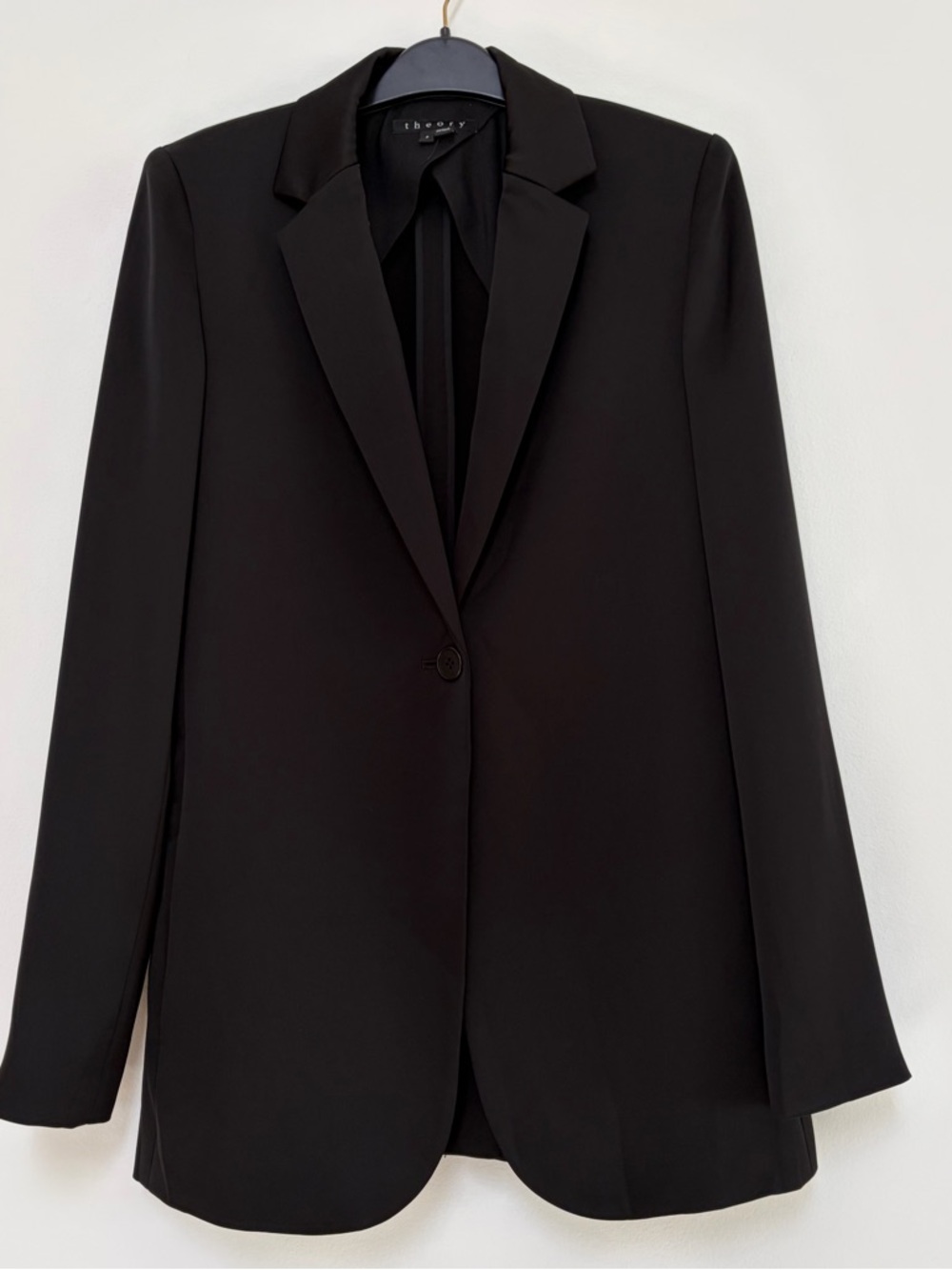 Theory Black Single-Button Longline Satin Blazer Jacket Size 6